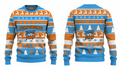 Front and back of the blue, orange and white Danny Vs Food Christmas jumper with reindeer, snowflakes and Christmas trees.